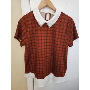 Embellished Peter Pan Collar Top Sz L Plaid Boho Punk Twee Grunge Soft Alt